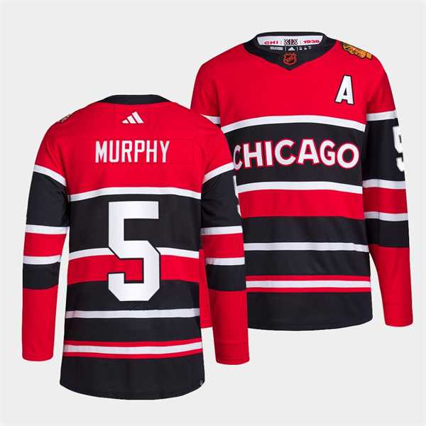 Mens Chicago Blackhawks #5 Connor Murphy Red Black 2022 Reverse Retro Stitched Jersey Dzhi